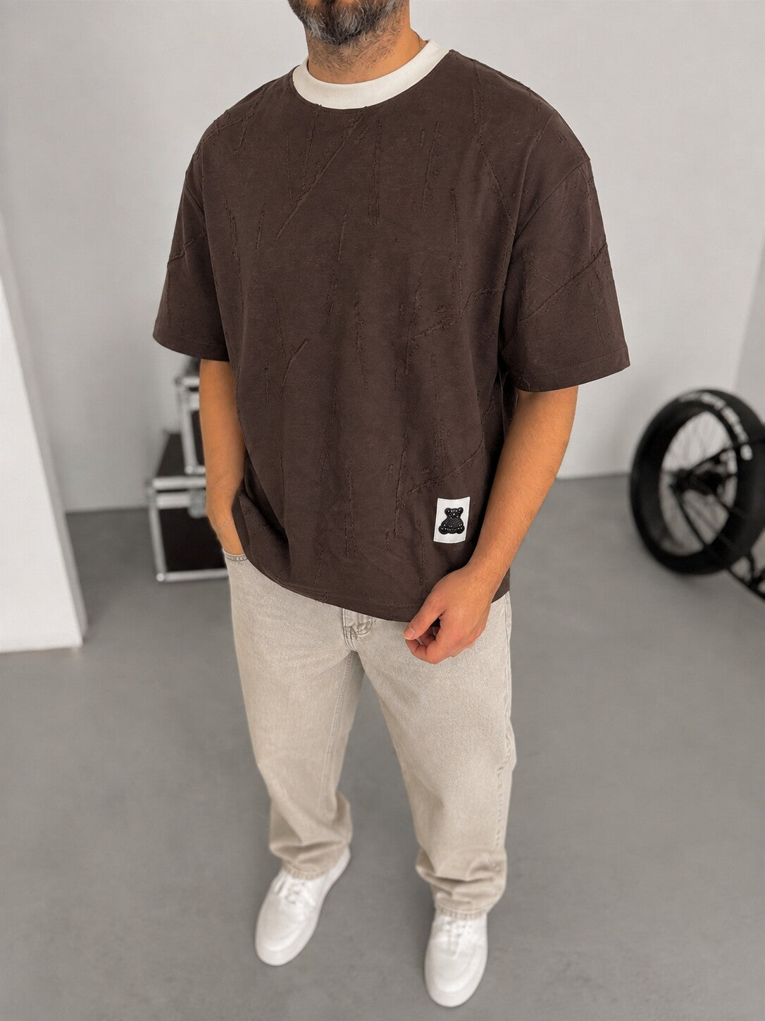 Distressed Texture Tee – Dark Brown full front view