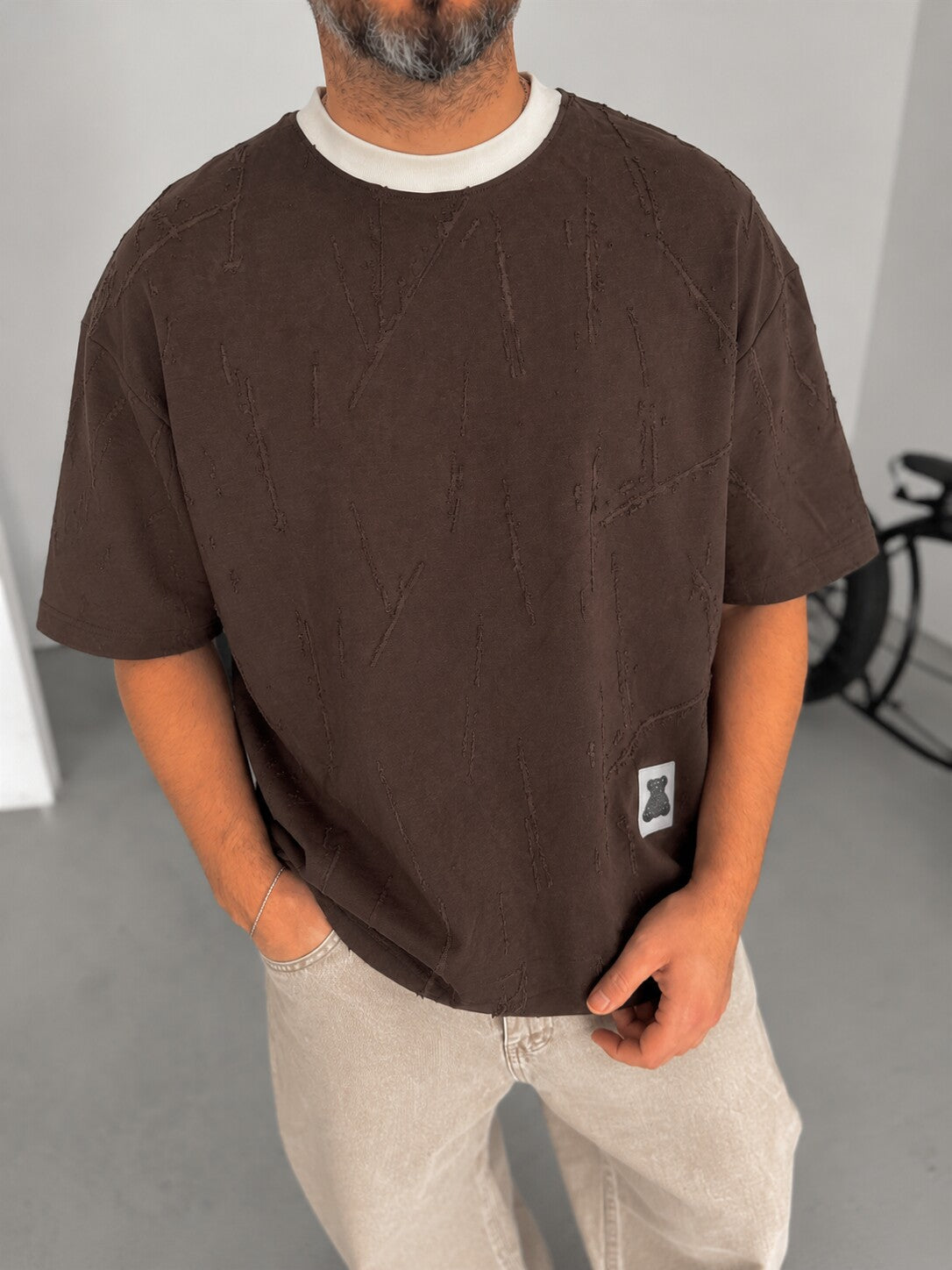 Distressed Texture Tee – Dark Brown front view