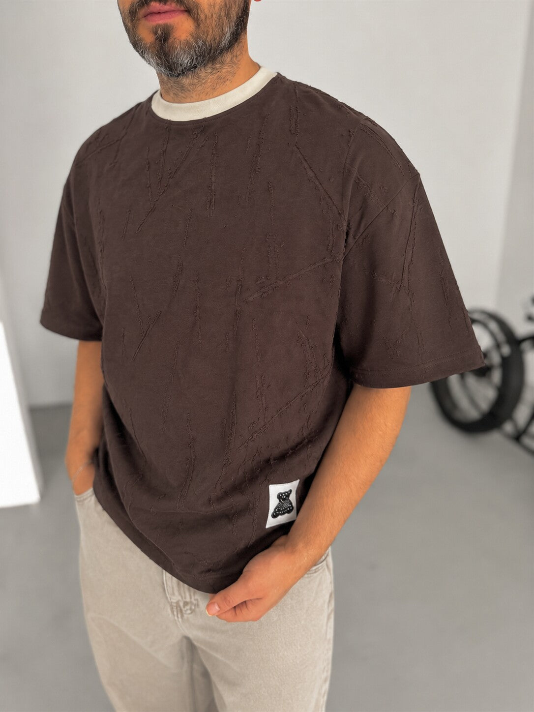 Distressed Texture Tee – Dark Brown front angle