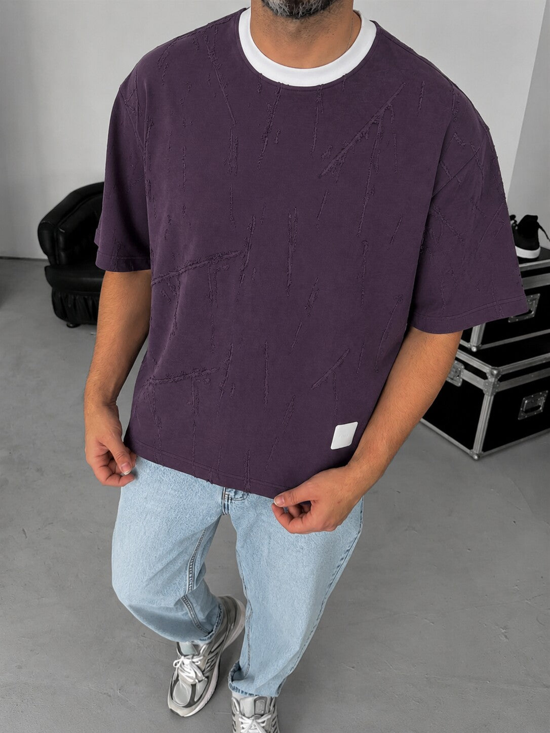 Distressed Texture Tee – Dark Purple styled front view