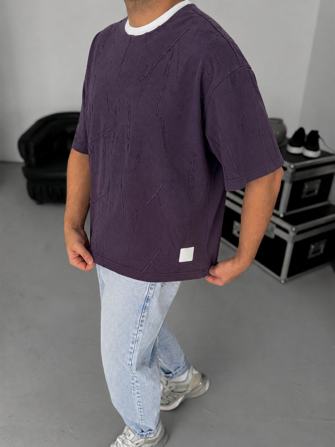 Distressed Texture Tee – Dark Purple front angle