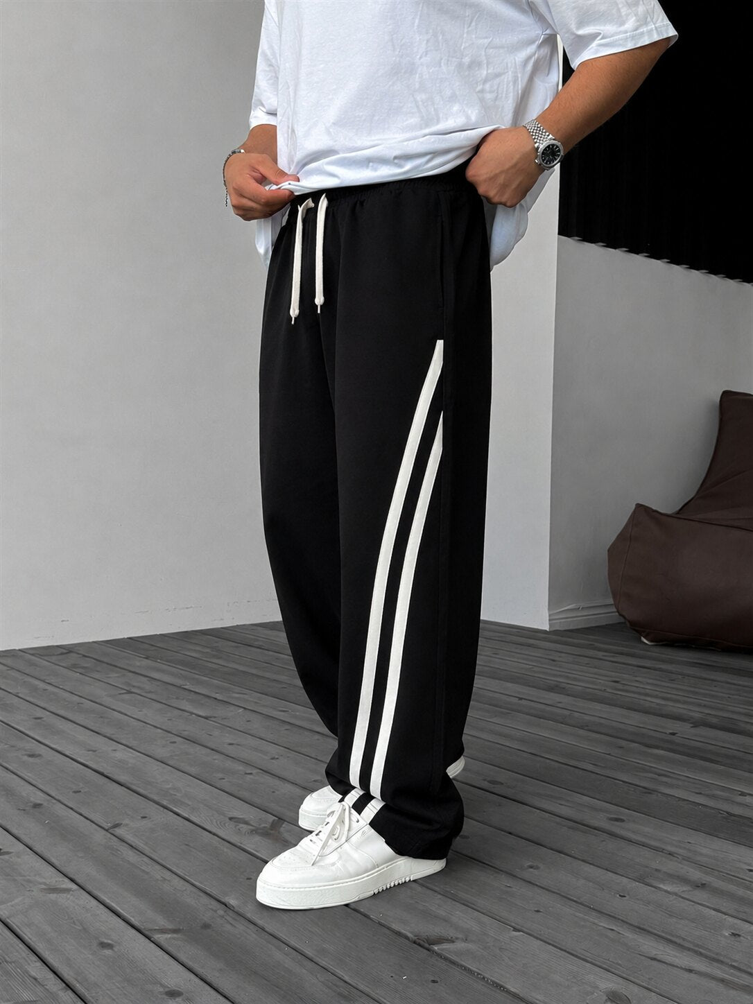 Double Stripe Relaxed Pants in black, stripe detail