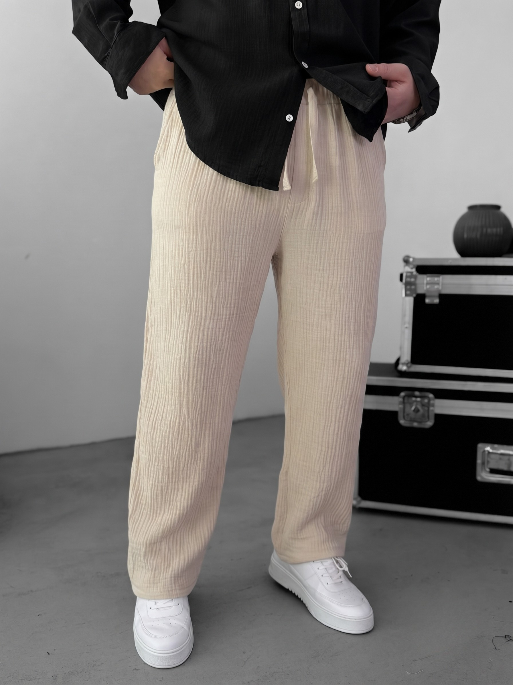 Muslin Wide-Leg Trousers — Beige
