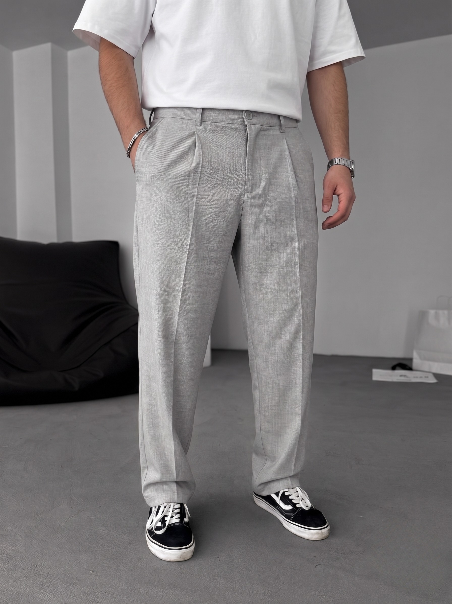 Wide Leg Chino Trousers - Light Grey