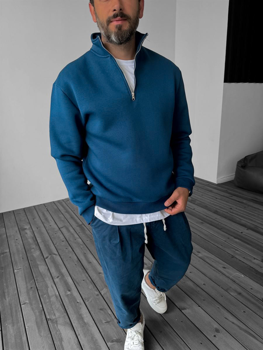 Navy-Blue Half Zipper Basic Sweatshirt