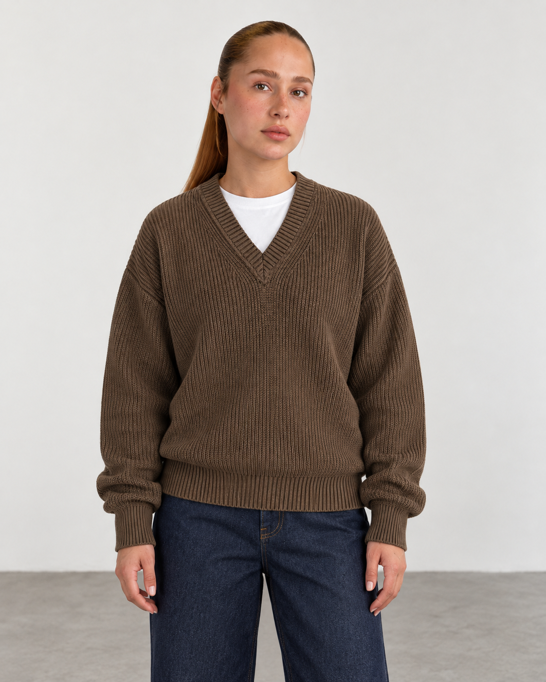 Premium Knitted V-Neck Sweater - Brown