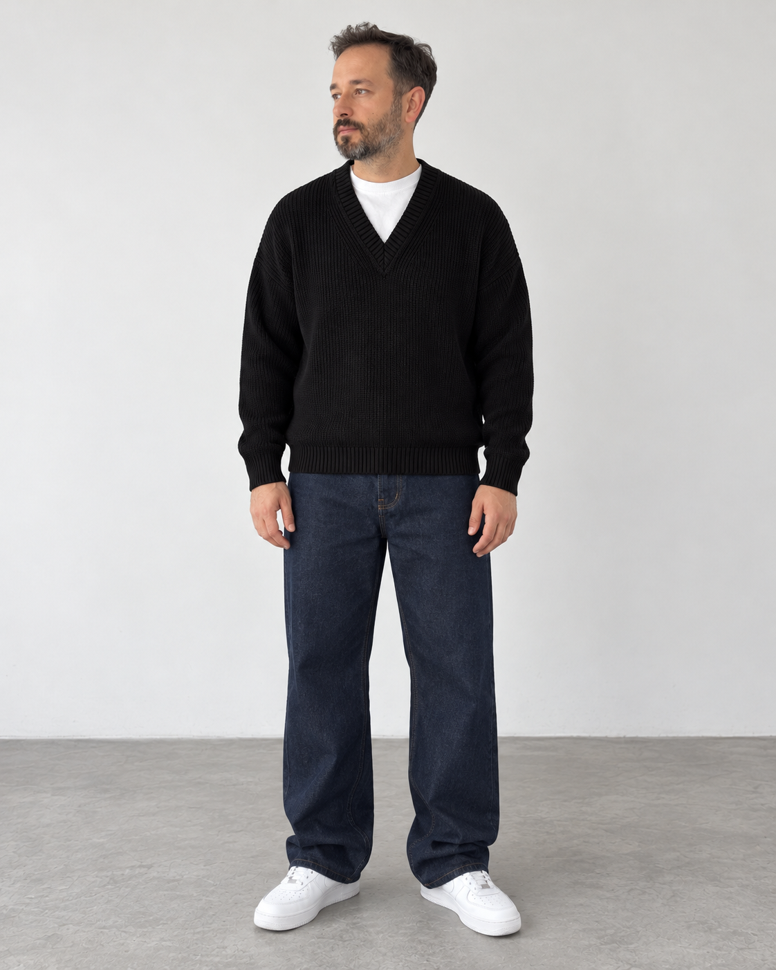 Premium Knitted V-Neck Sweater - Black