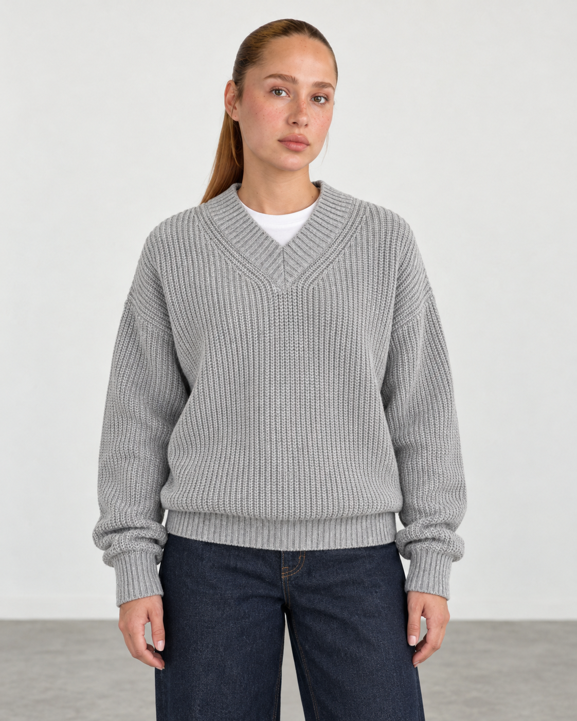 Premium Knitted V-Neck Sweater - Gray