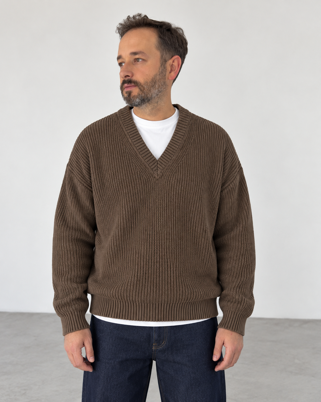 Premium Knitted V-Neck Sweater - Brown