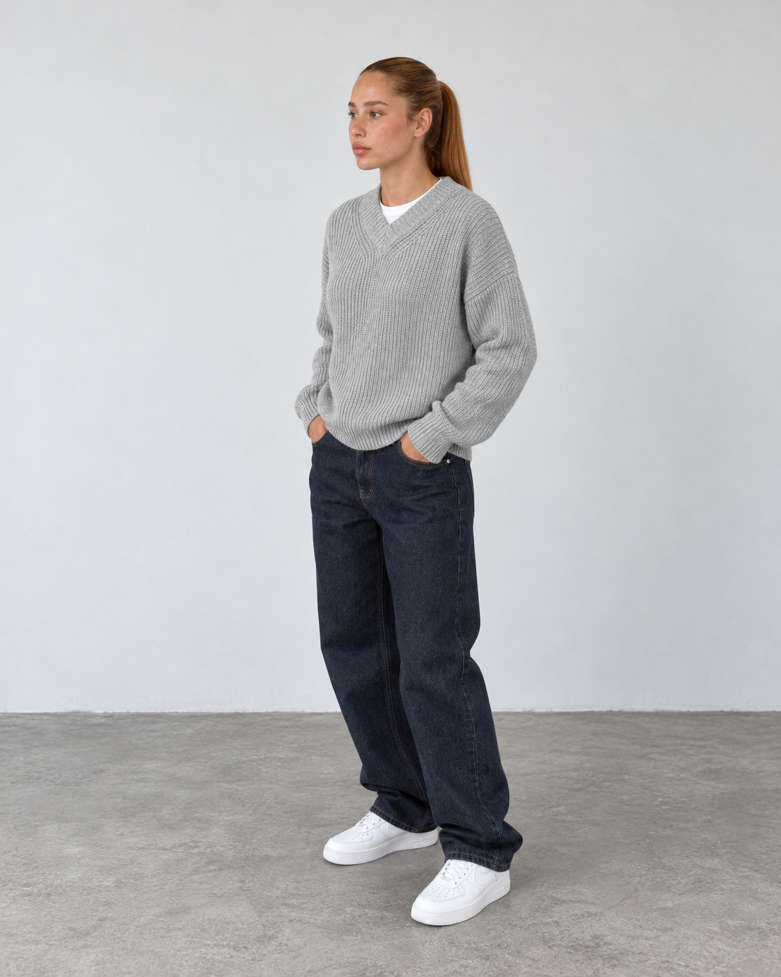 Premium Knitted V-Neck Sweater - Gray