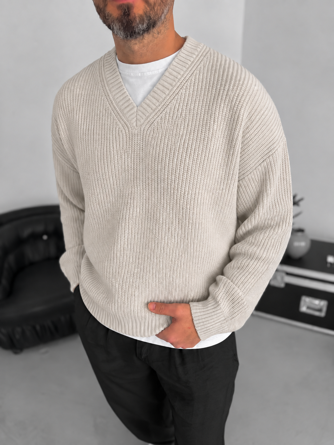 Premium Knitted V-Neck Sweater - Beige