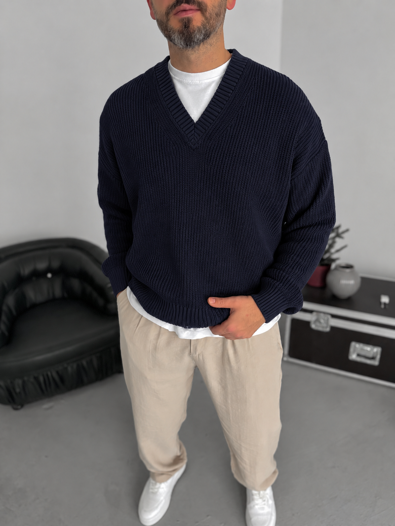 Premium Knitted V-Neck Sweater - Navy Blue