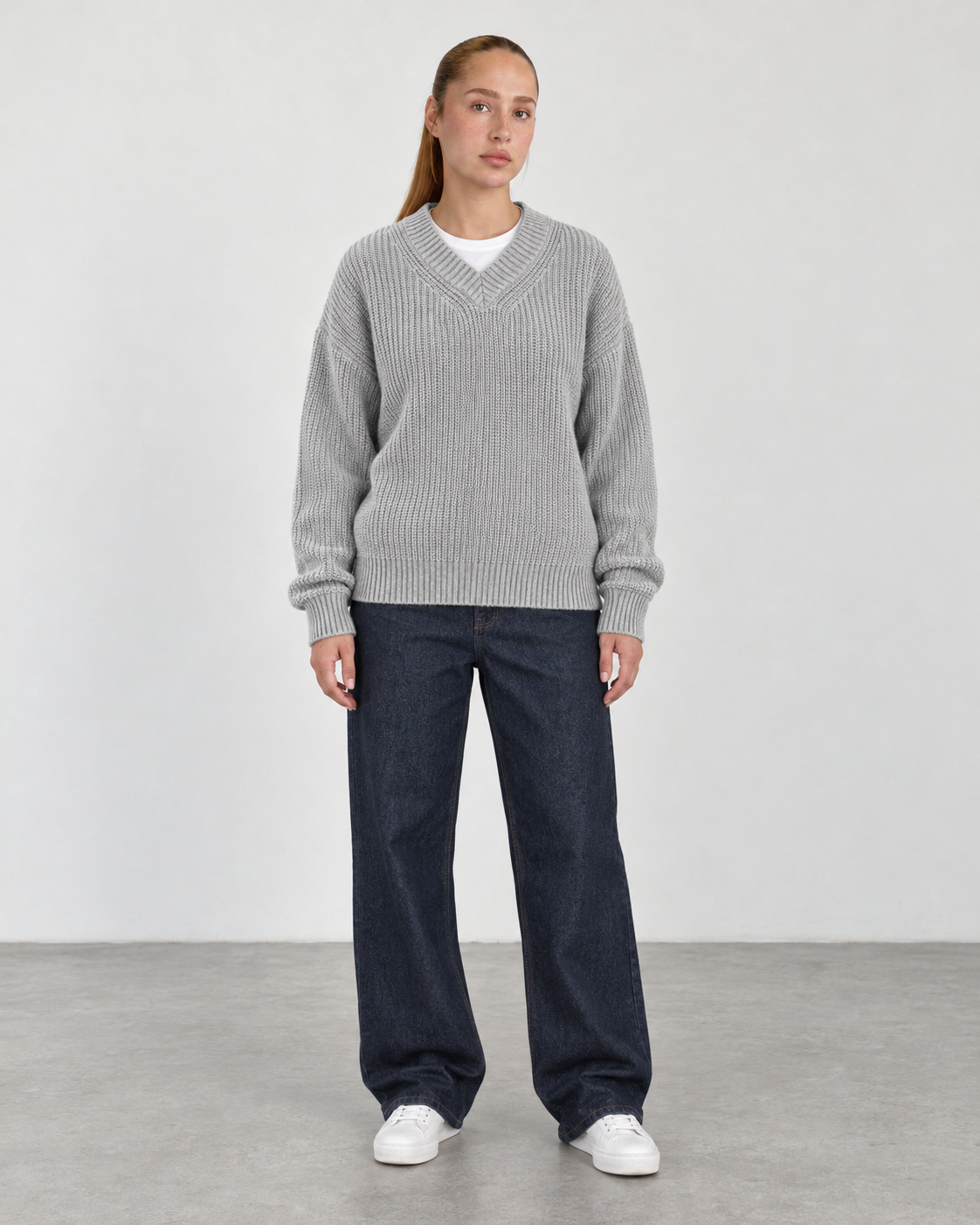 Premium Knitted V-Neck Sweater - Gray