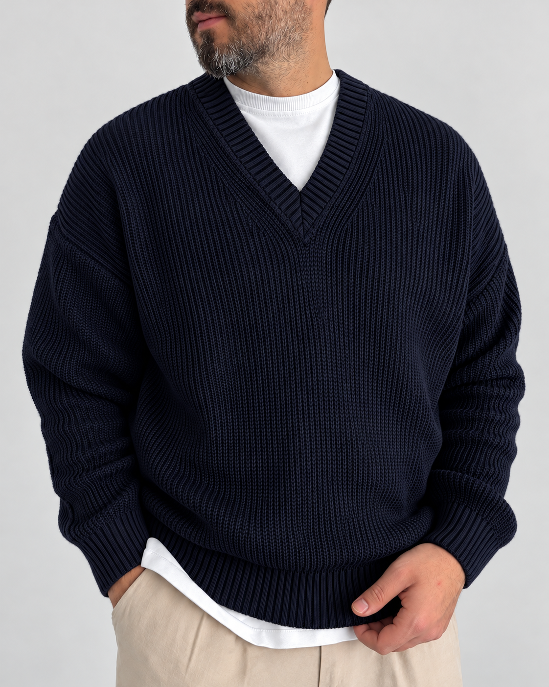 Premium Knitted V-Neck Sweater - Navy Blue