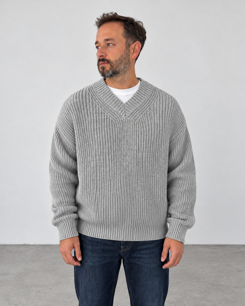 Premium Knitted V-Neck Sweater - Gray