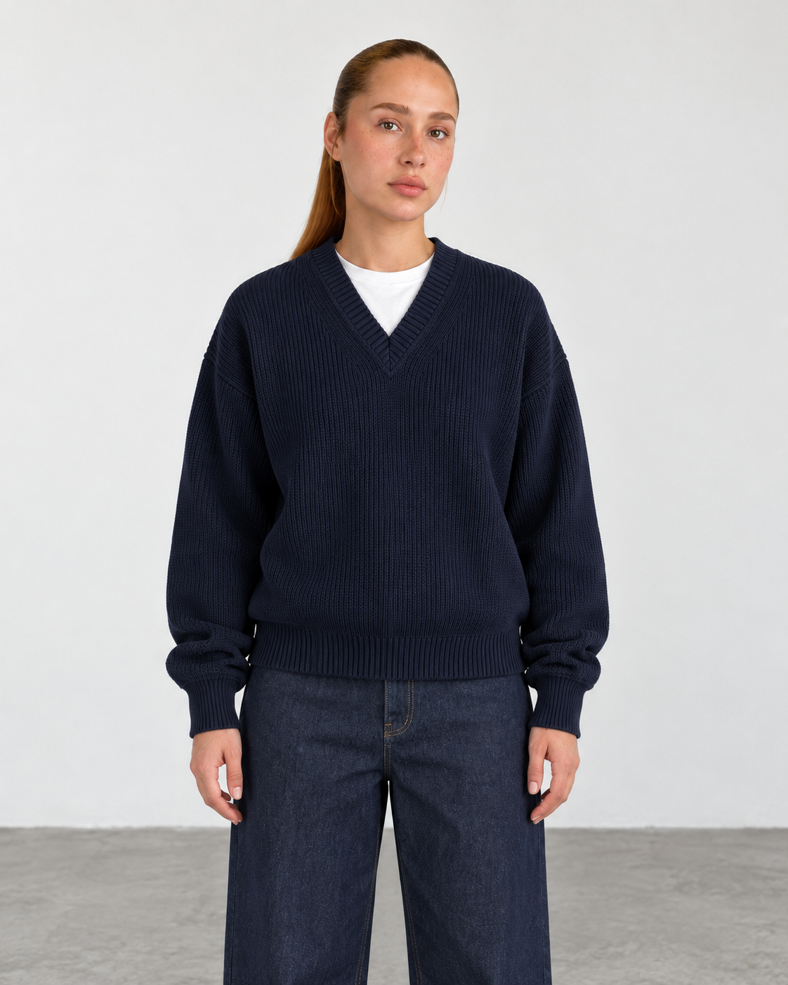 Premium Knitted V-Neck Sweater - Navy Blue