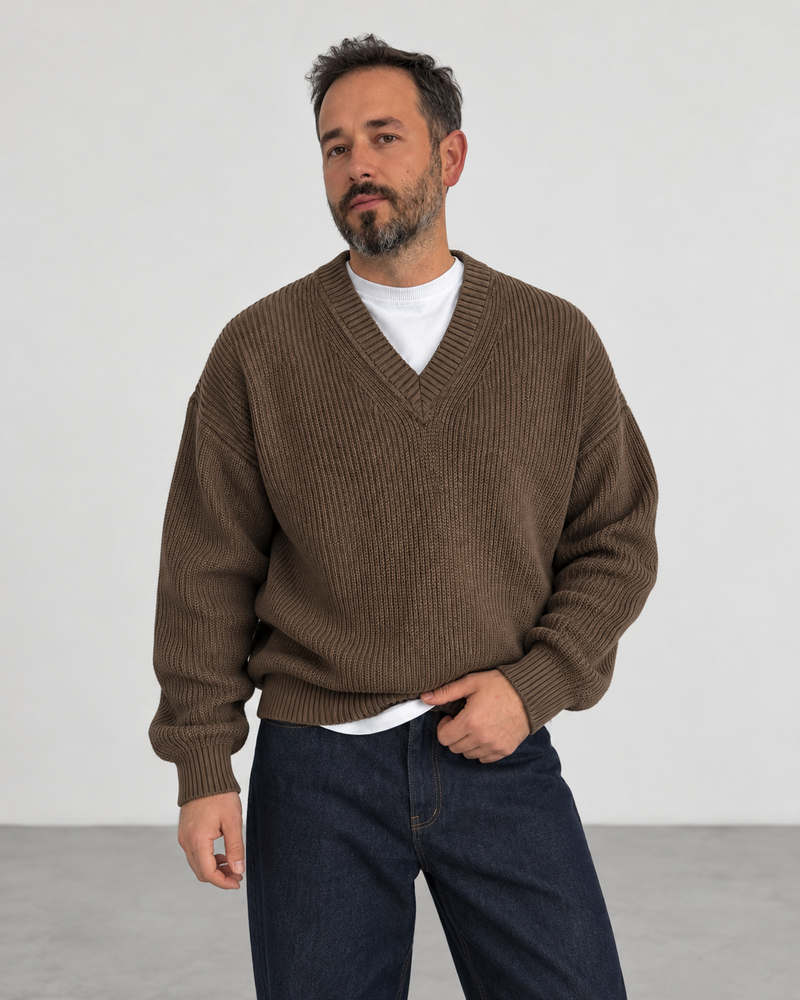 Premium Knitted V-Neck Sweater - Brown