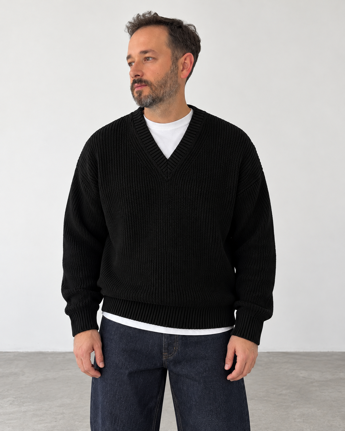 Premium Knitted V-Neck Sweater - Black