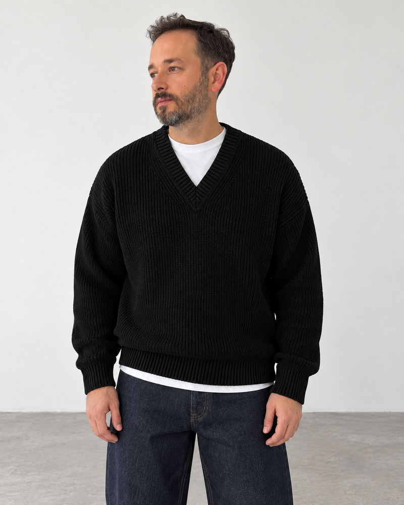 Premium Knitted V-Neck Sweater - Black