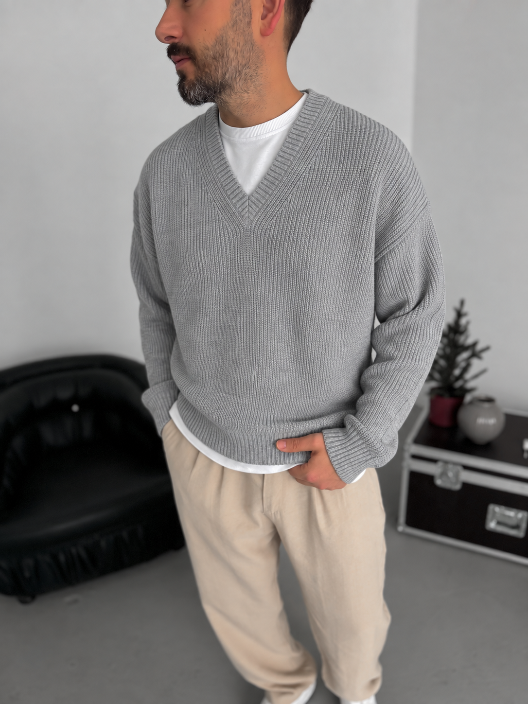 Premium Knitted V-Neck Sweater - Gray