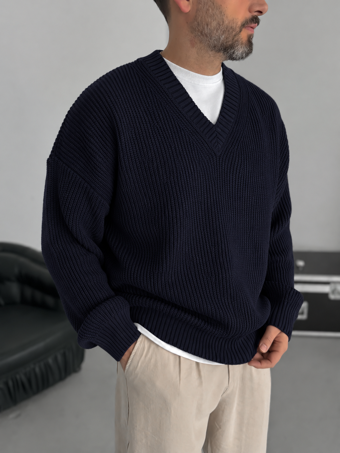 Premium Knitted V-Neck Sweater - Navy Blue
