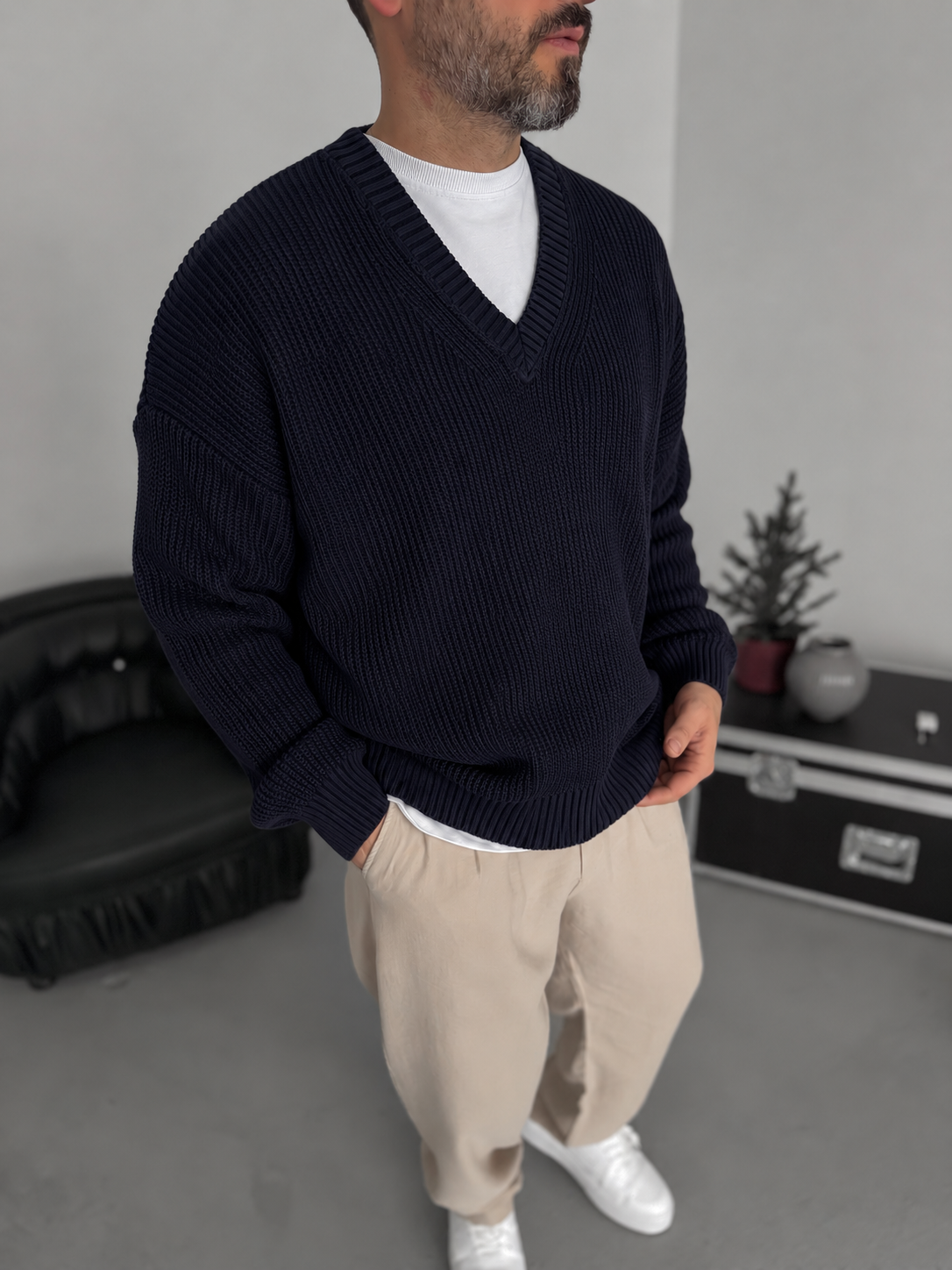 Premium Knitted V-Neck Sweater - Navy Blue