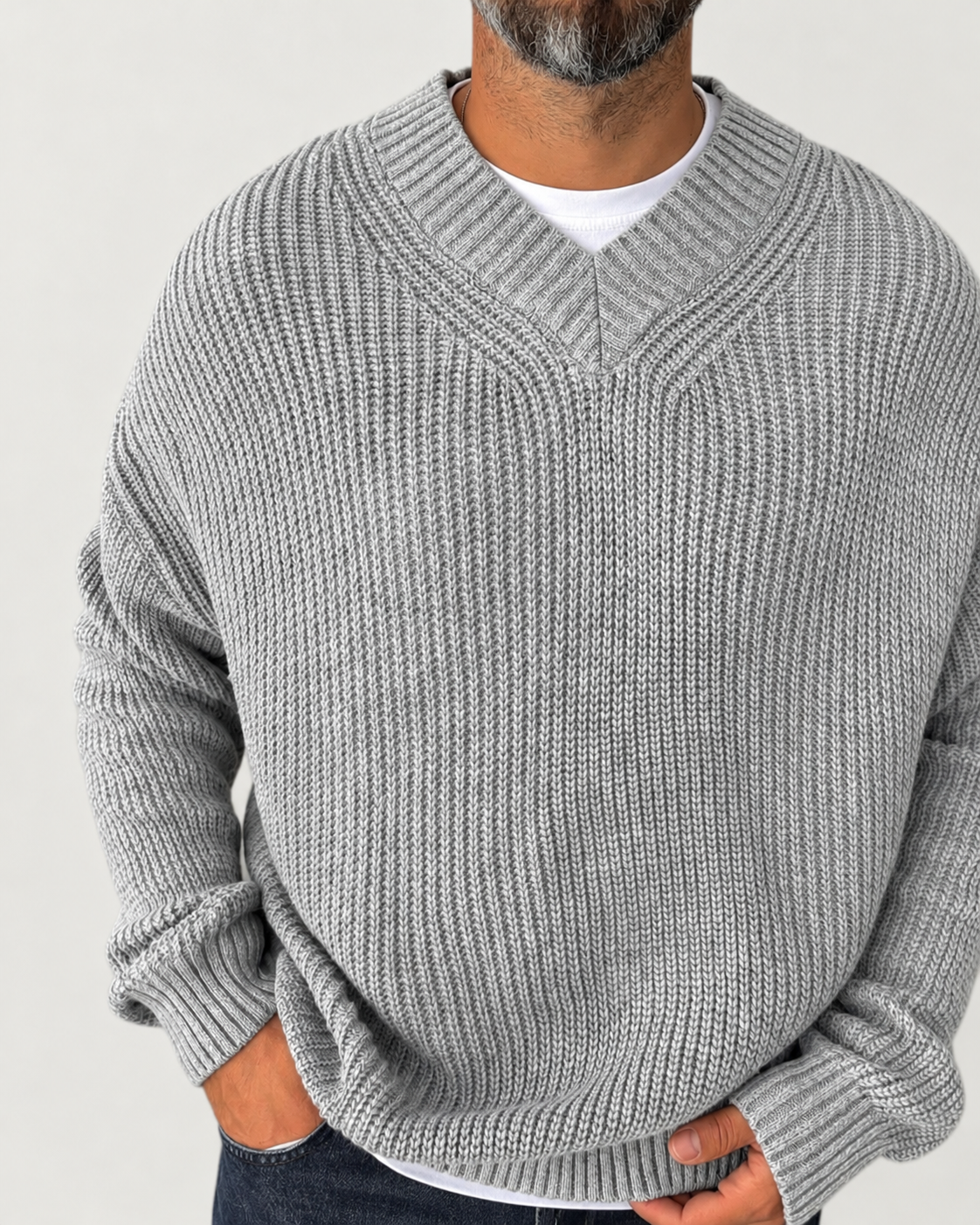 Premium Knitted V-Neck Sweater - Gray