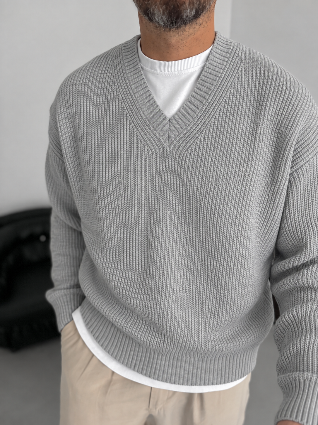 Premium Knitted V-Neck Sweater - Gray