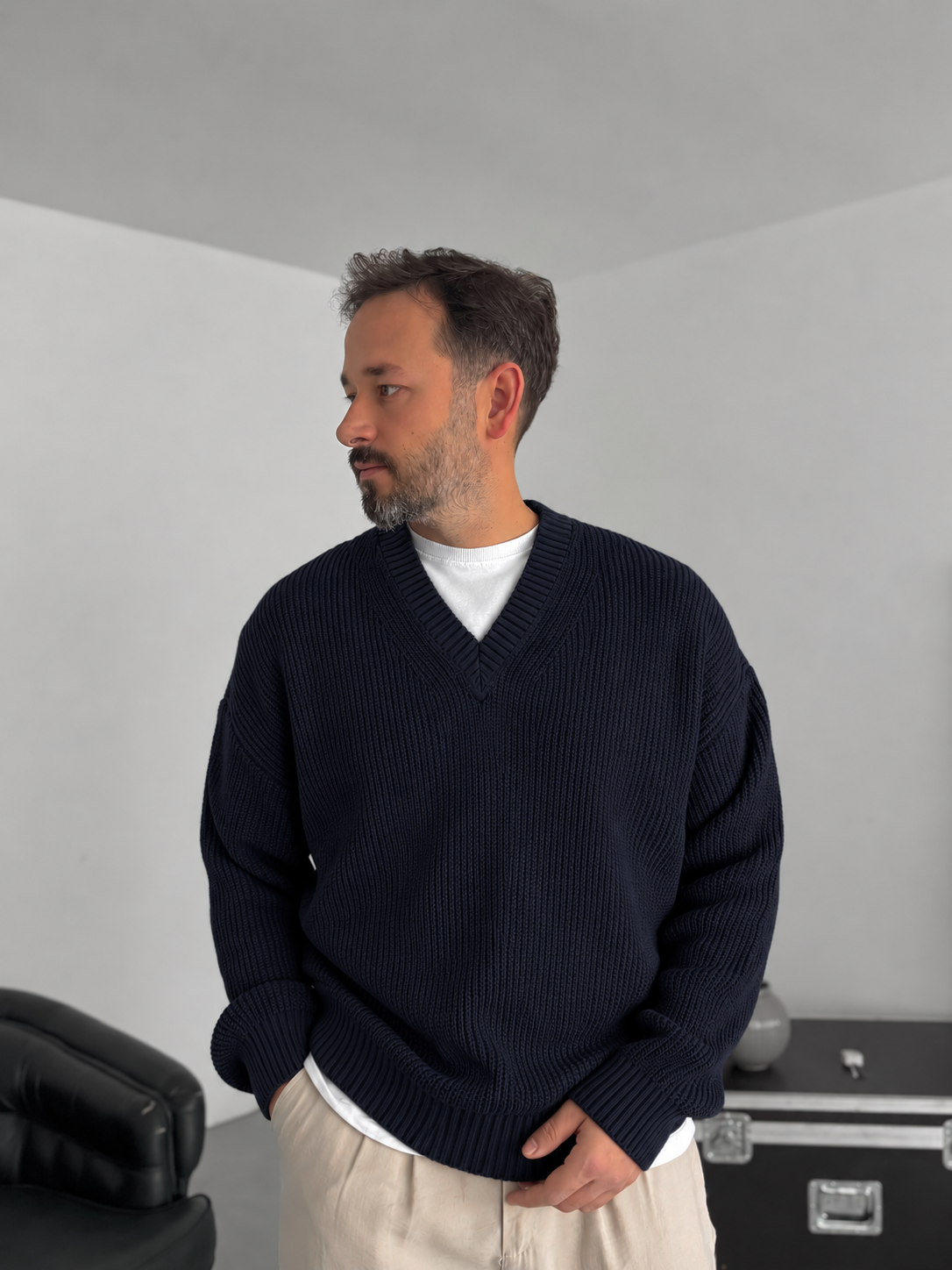 Premium Knitted V-Neck Sweater - Navy Blue