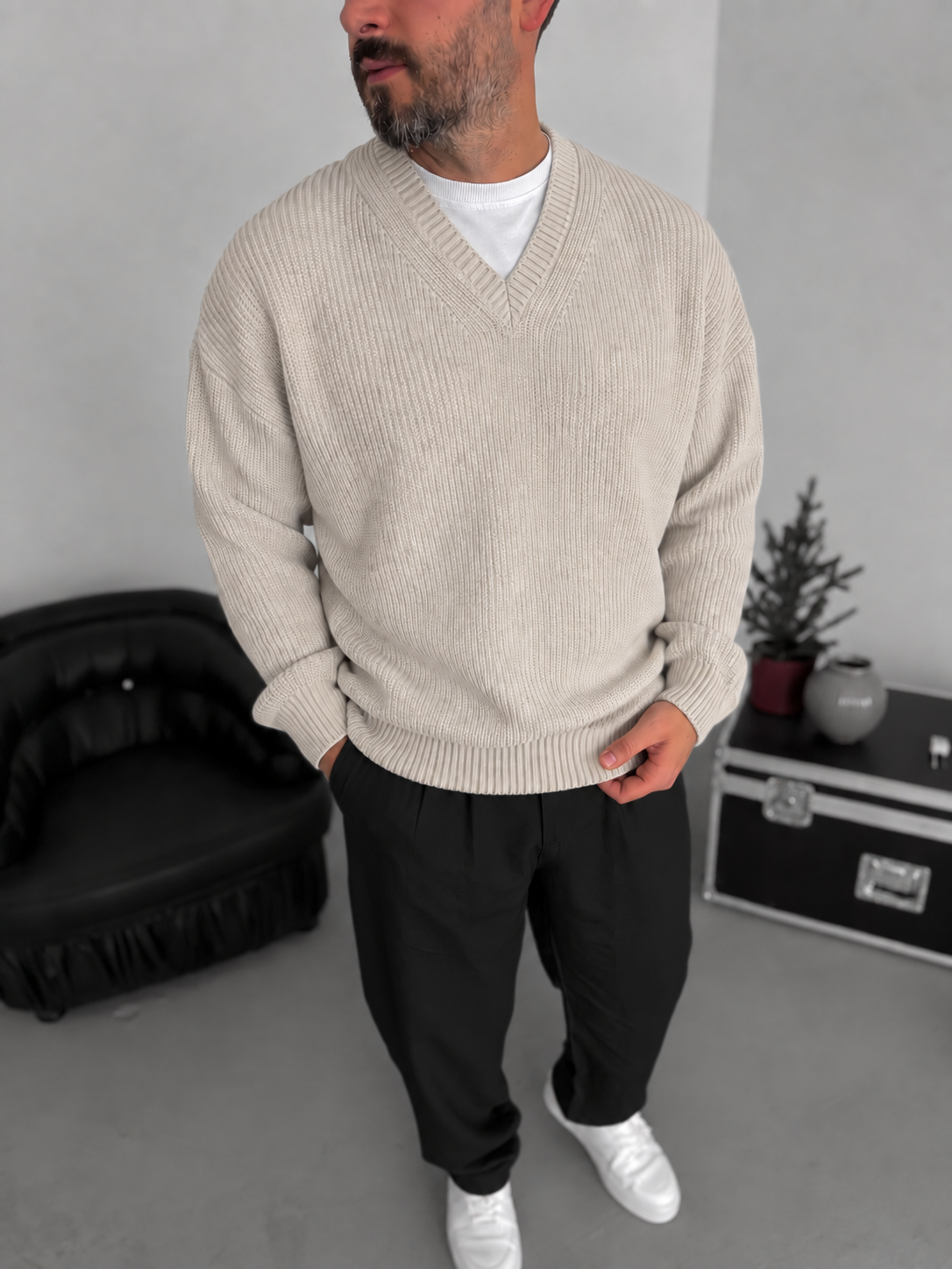 Premium Knitted V-Neck Sweater - Beige