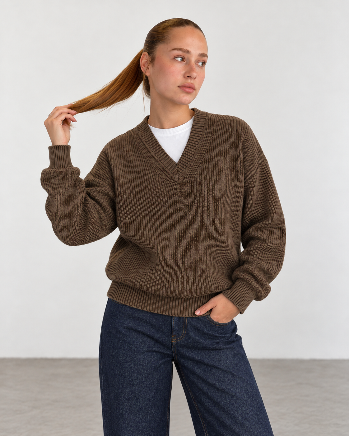 Premium Knitted V-Neck Sweater - Brown
