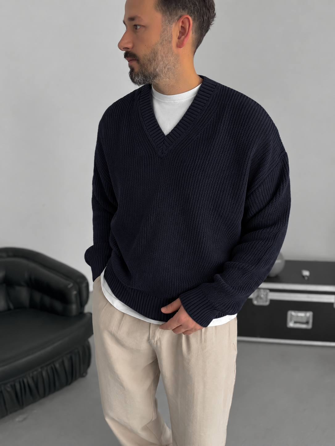 Premium Knitted V-Neck Sweater - Navy Blue