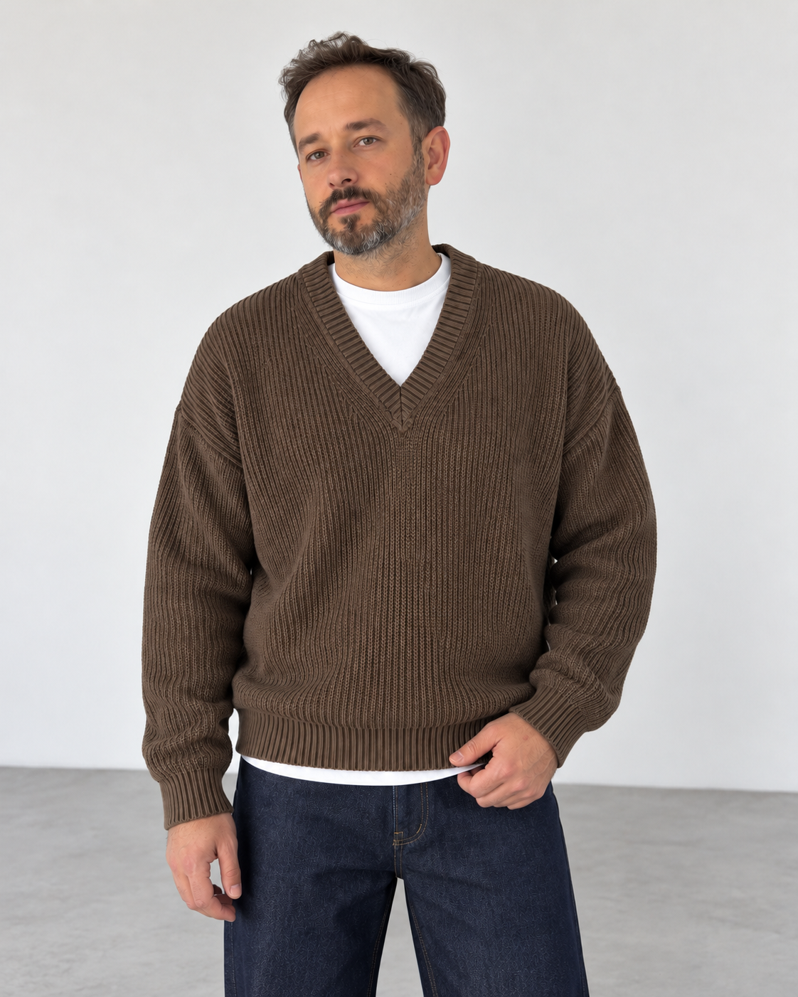 Premium Knitted V-Neck Sweater - Brown