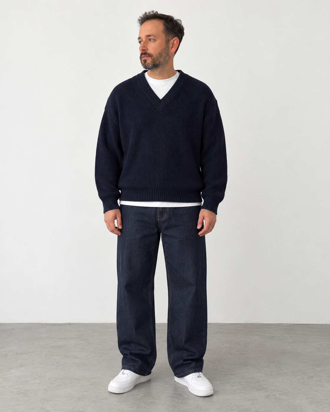 Premium Knitted V-Neck Sweater - Navy Blue