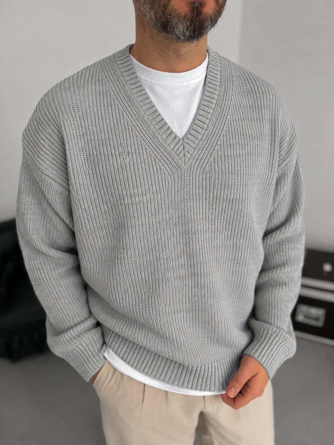 Premium Knitted V-Neck Sweater - Gray