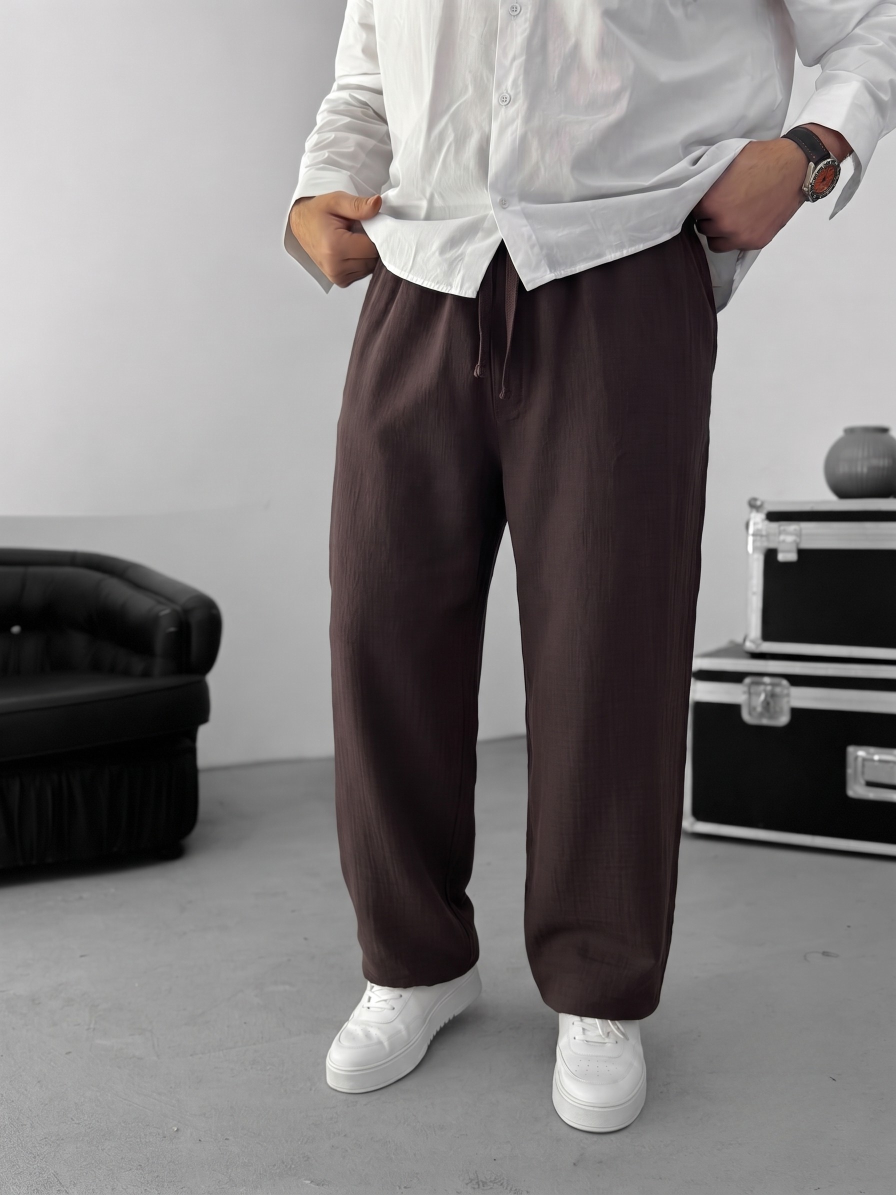 Muslin Wide-Leg Trousers — Brown