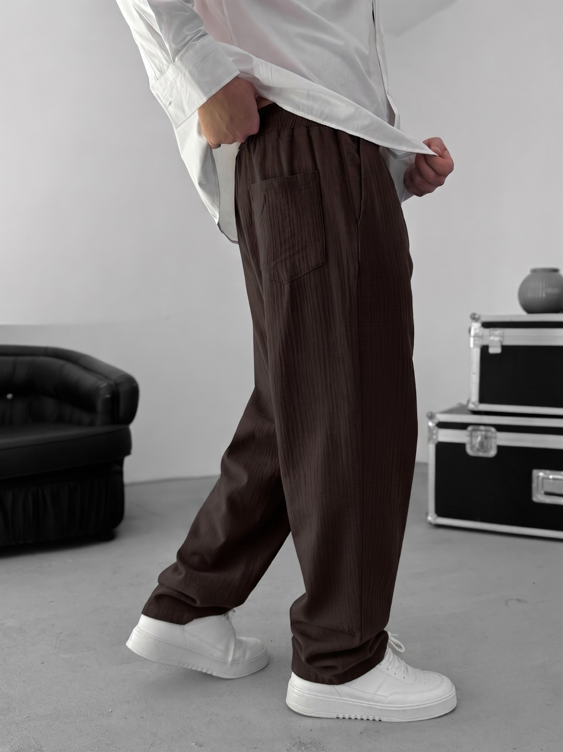 Muslin Wide-Leg Trousers — Brown