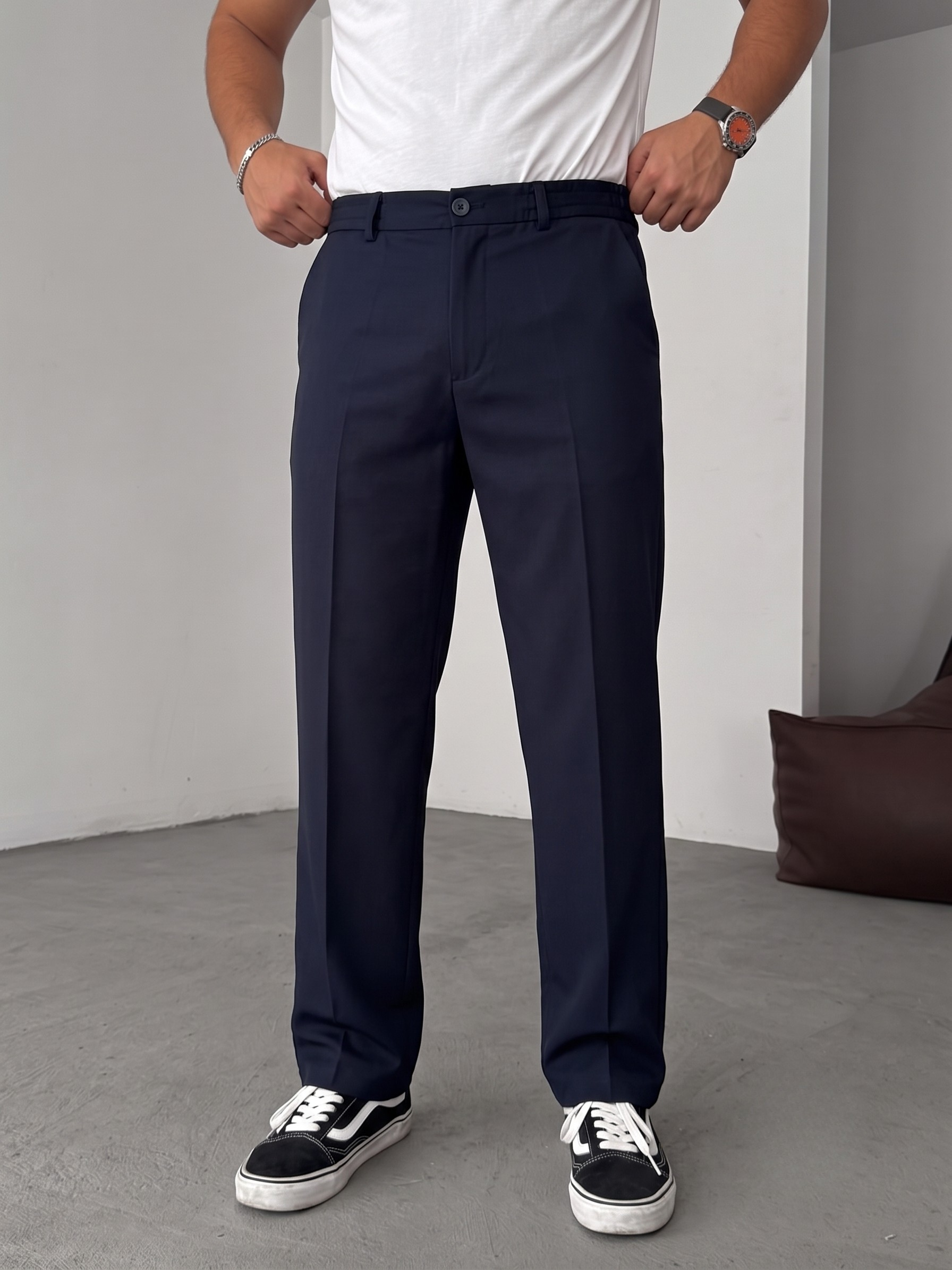 Wide Leg Chino Trousers - Navy Blue