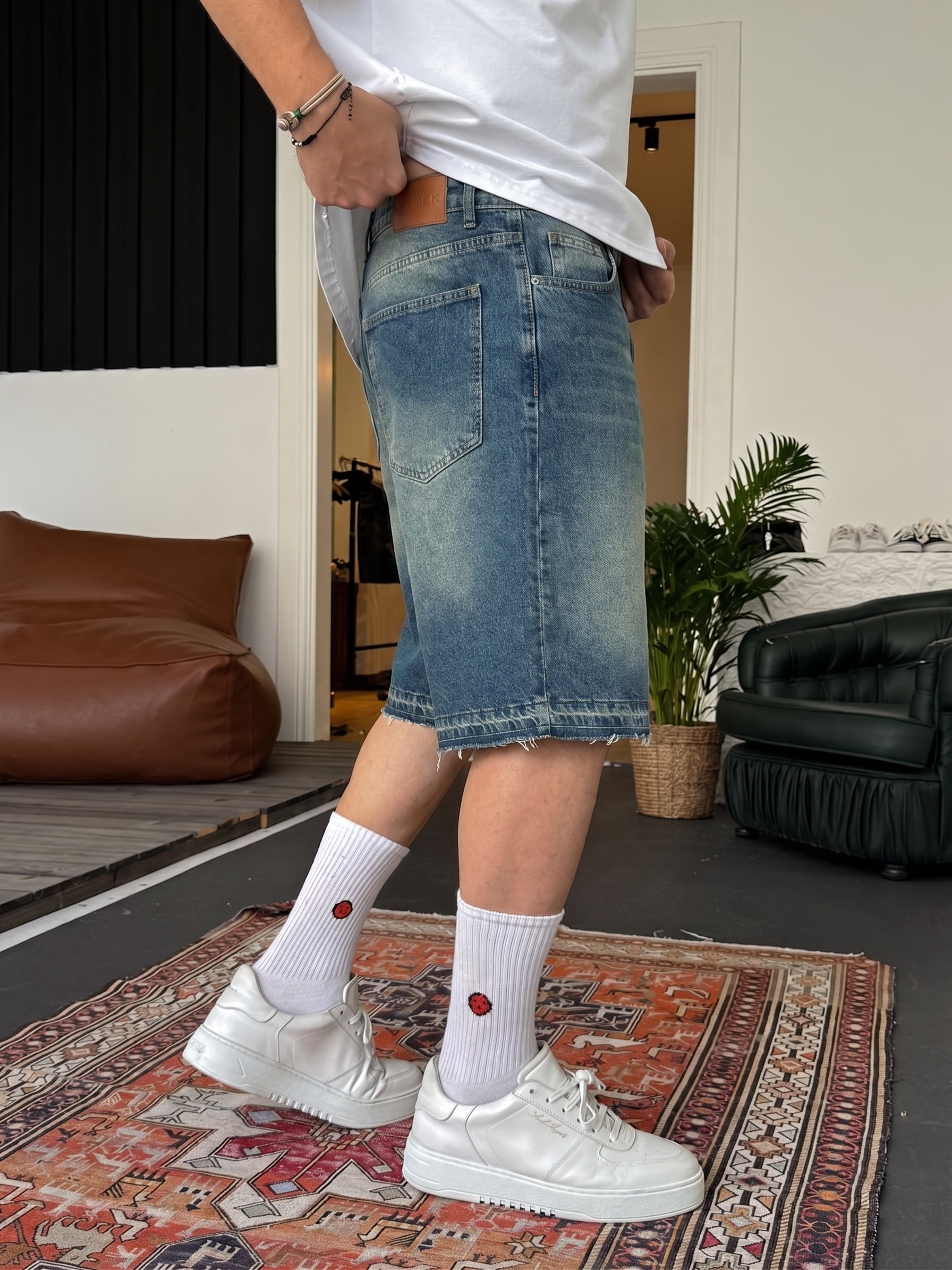 Stone Blue Wash Unfinished Hem Denim Shorts