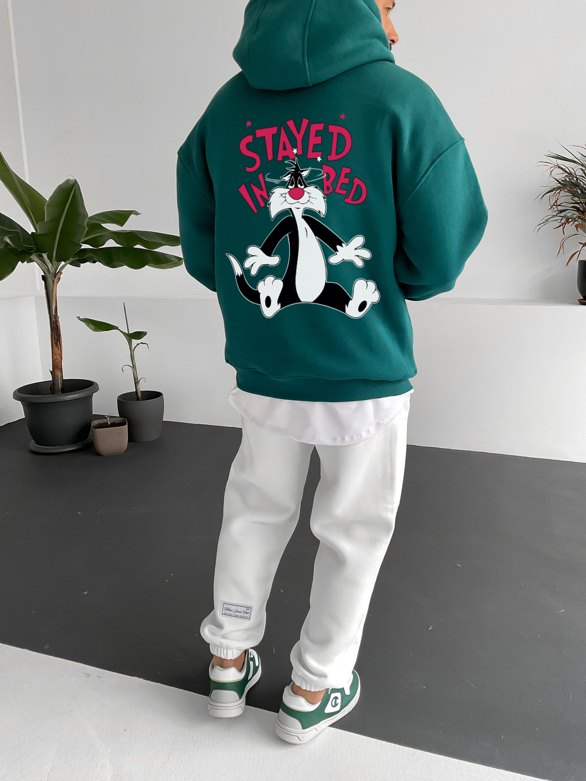 Dark Green "stayed-in-bed" Printed Oversize Hoodie