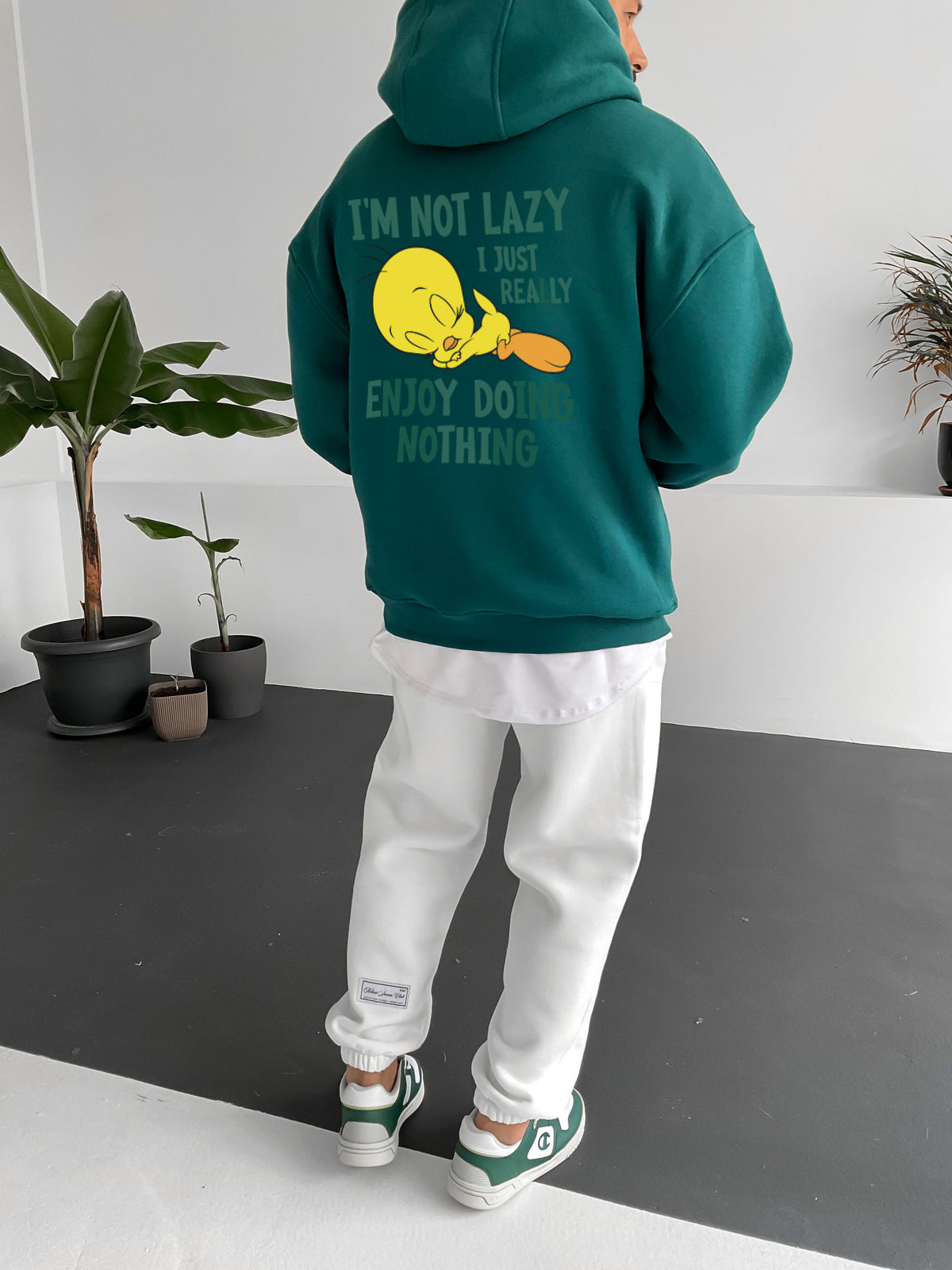 Dark Green "i'm-not-lazy" Printed Oversize Hoodie