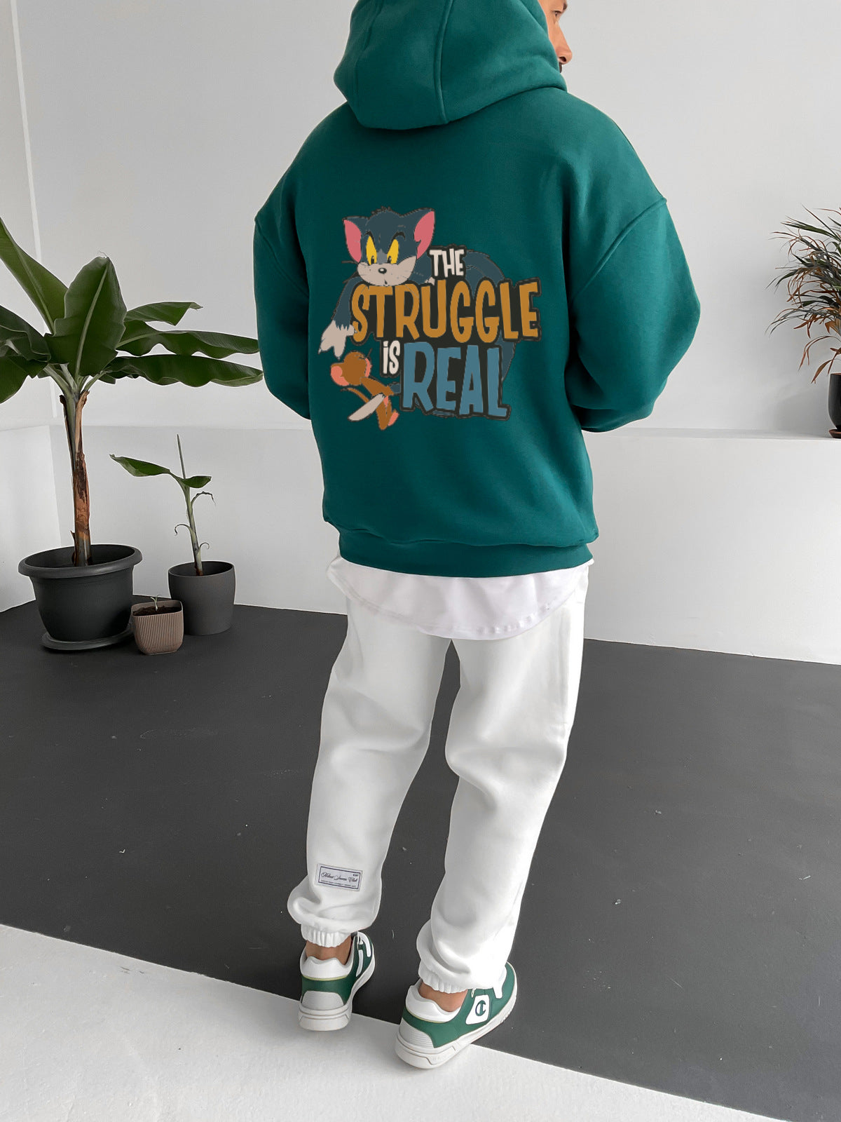 Dark Green "struggle-is-real" Printed Oversize Hoodie