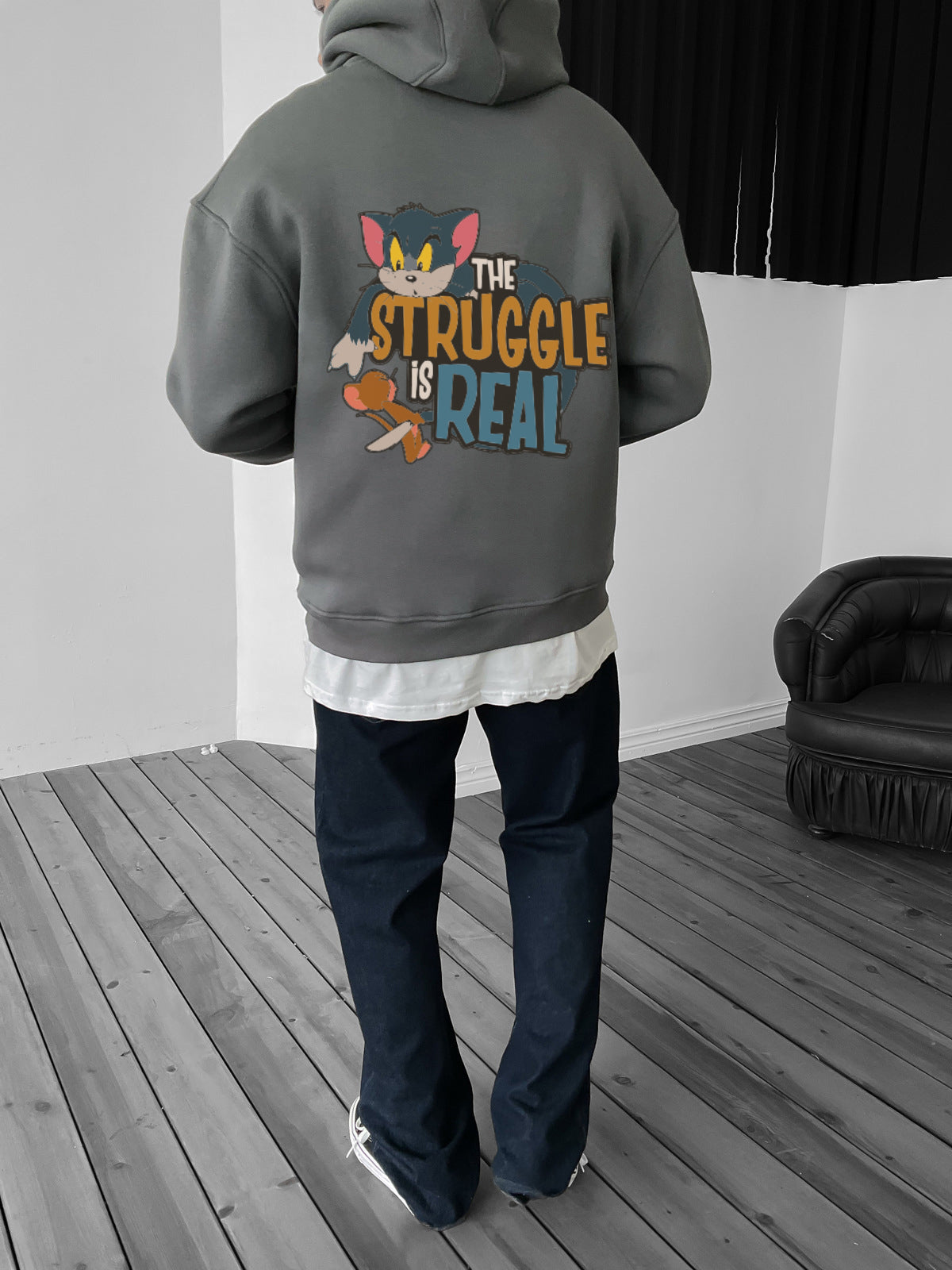 Smoked "struggle-is-real" Printed Oversize Hoodie