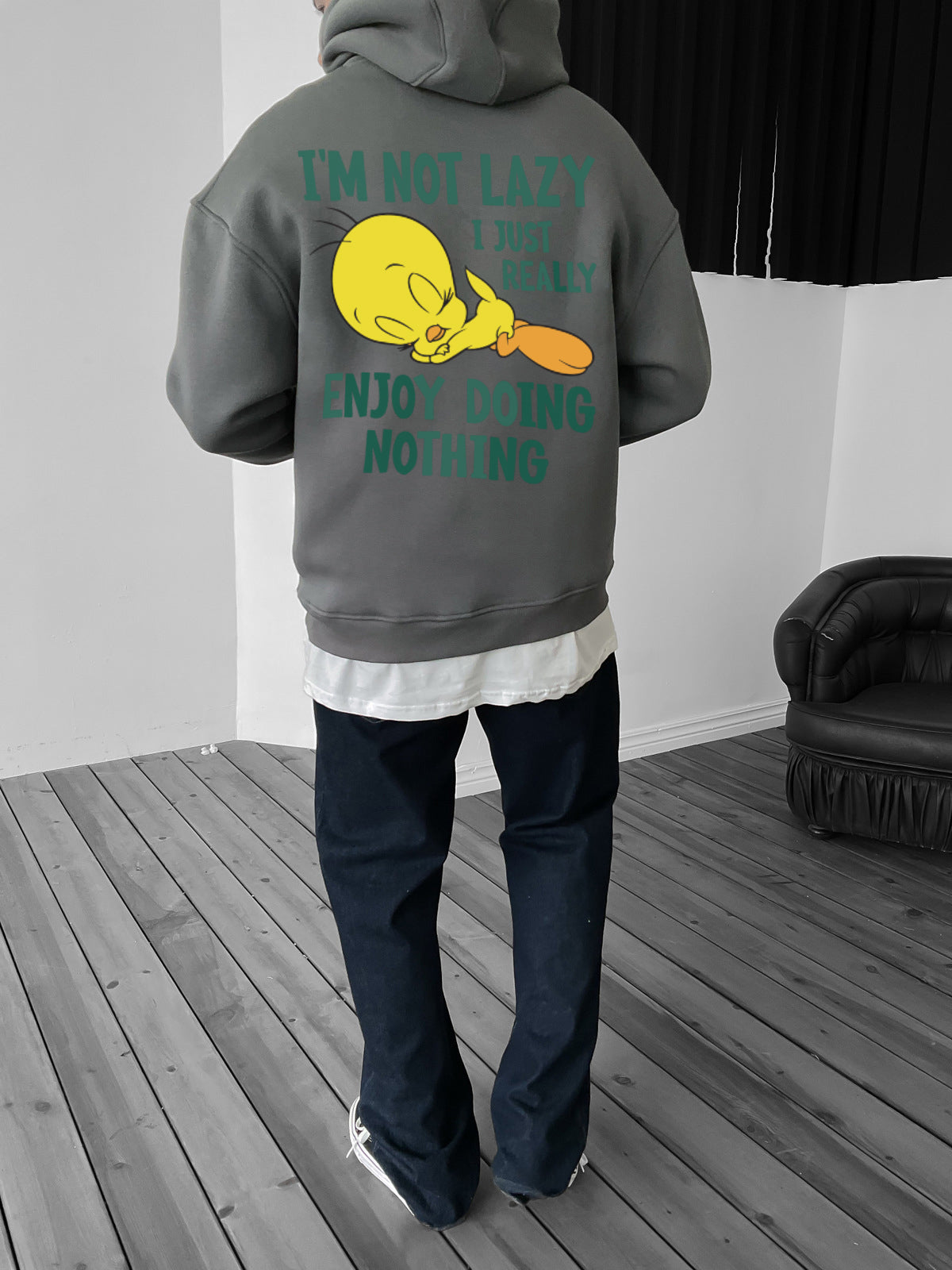 Smoked "i'm-not-lazy" Printed Oversize Hoodie