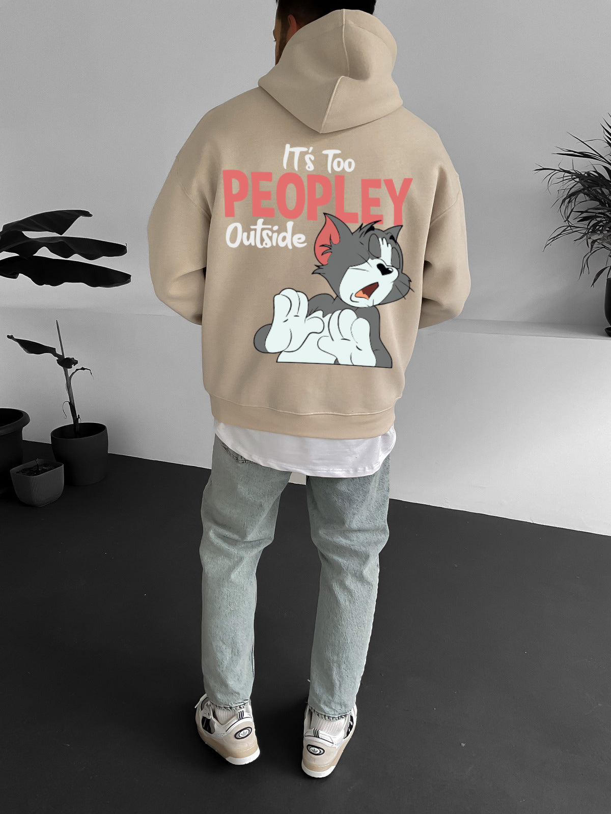 Beige "it's-too-peoply-outside" Printed Oversize Hoodie