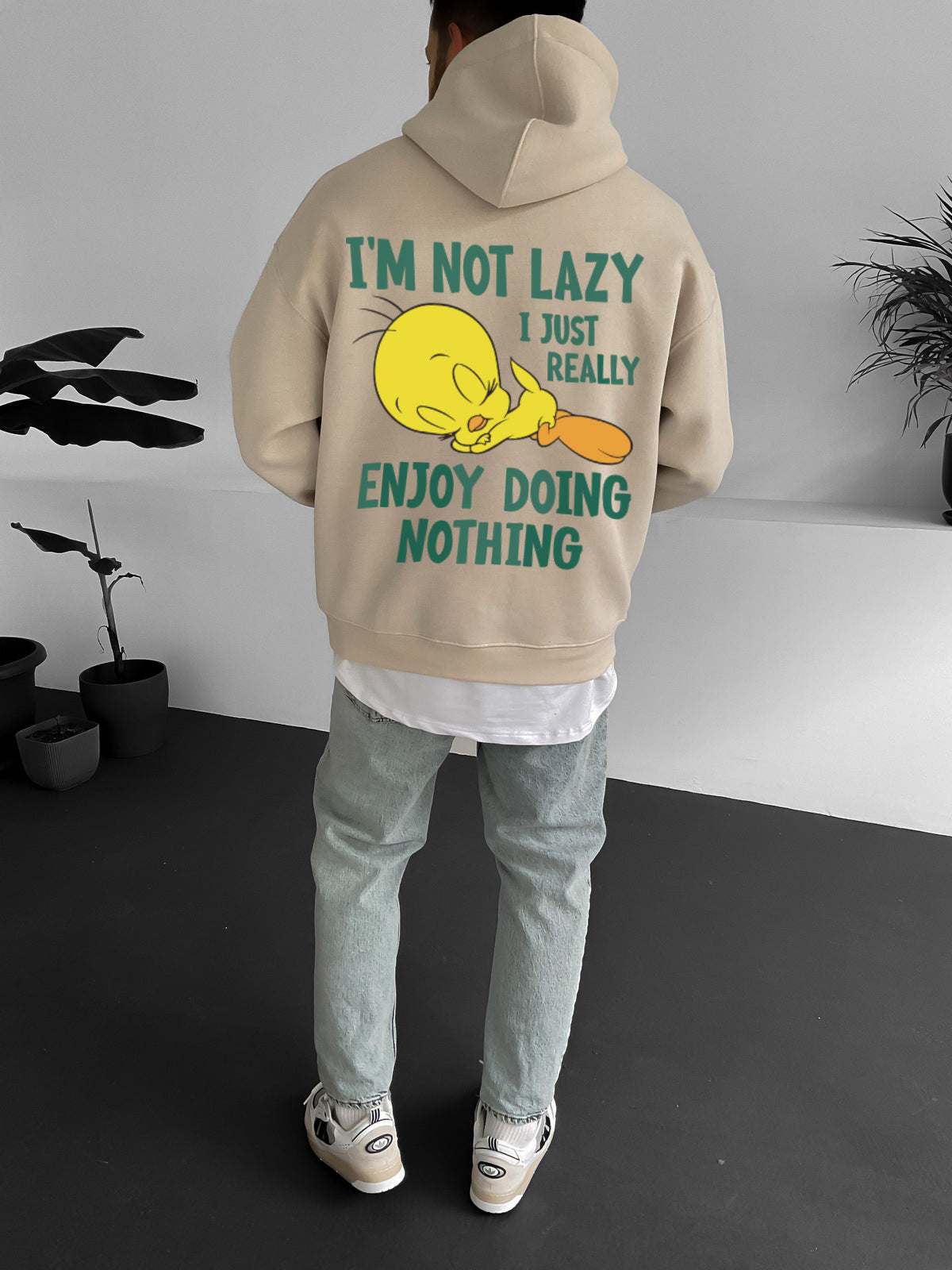 Beige "i'm-not-lazy" Printed Oversize Hoodie