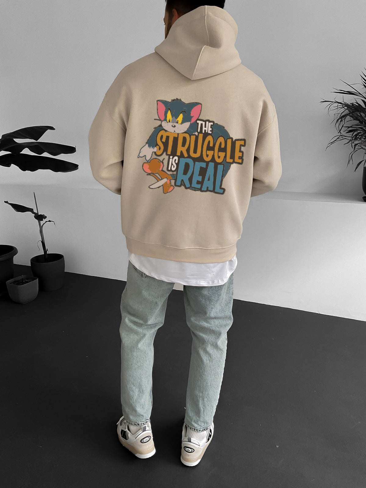 Beige "struggle-is-real" Printed Oversize Hoodie