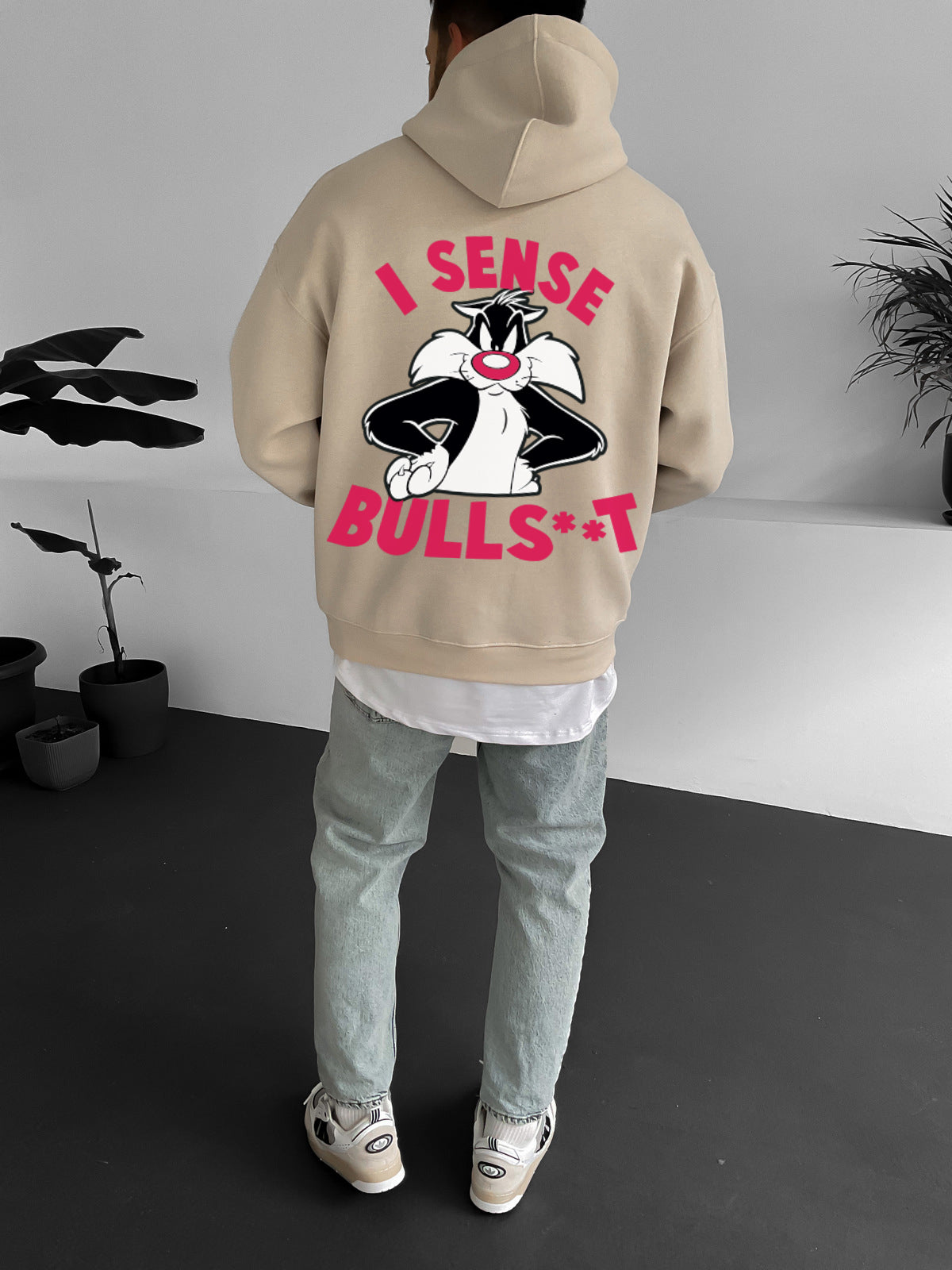 Beige "i-sense-bullshit" Printed Oversize Hoodie