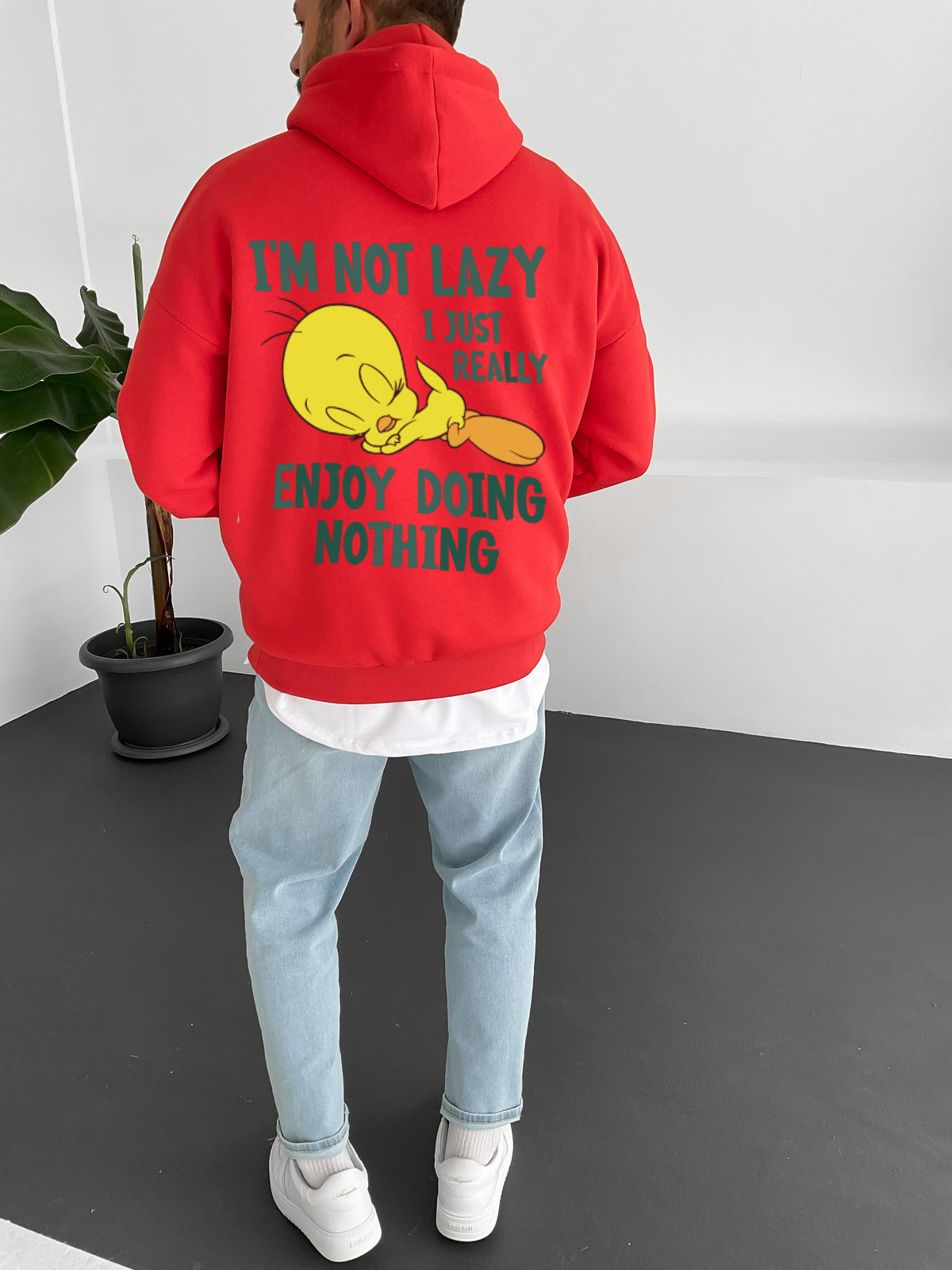 Red "i'm-not-lazy" Printed Oversize Hoodie