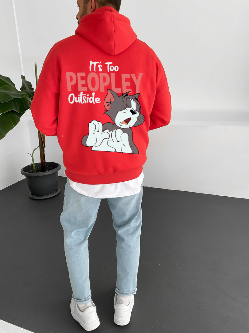Red "it's-too-peoply-outside" Printed Oversize Hoodie
